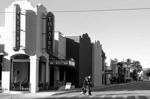 A black & white photo of a theatre in Sarasota.