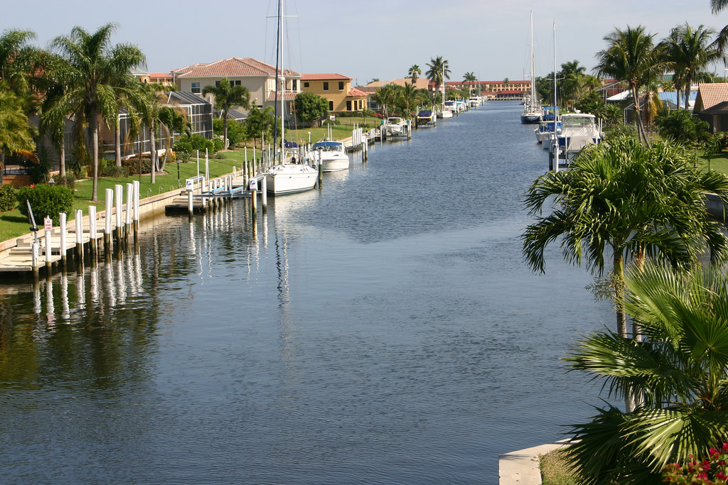 Neighborhood on Canal in Sarasota, Florida.